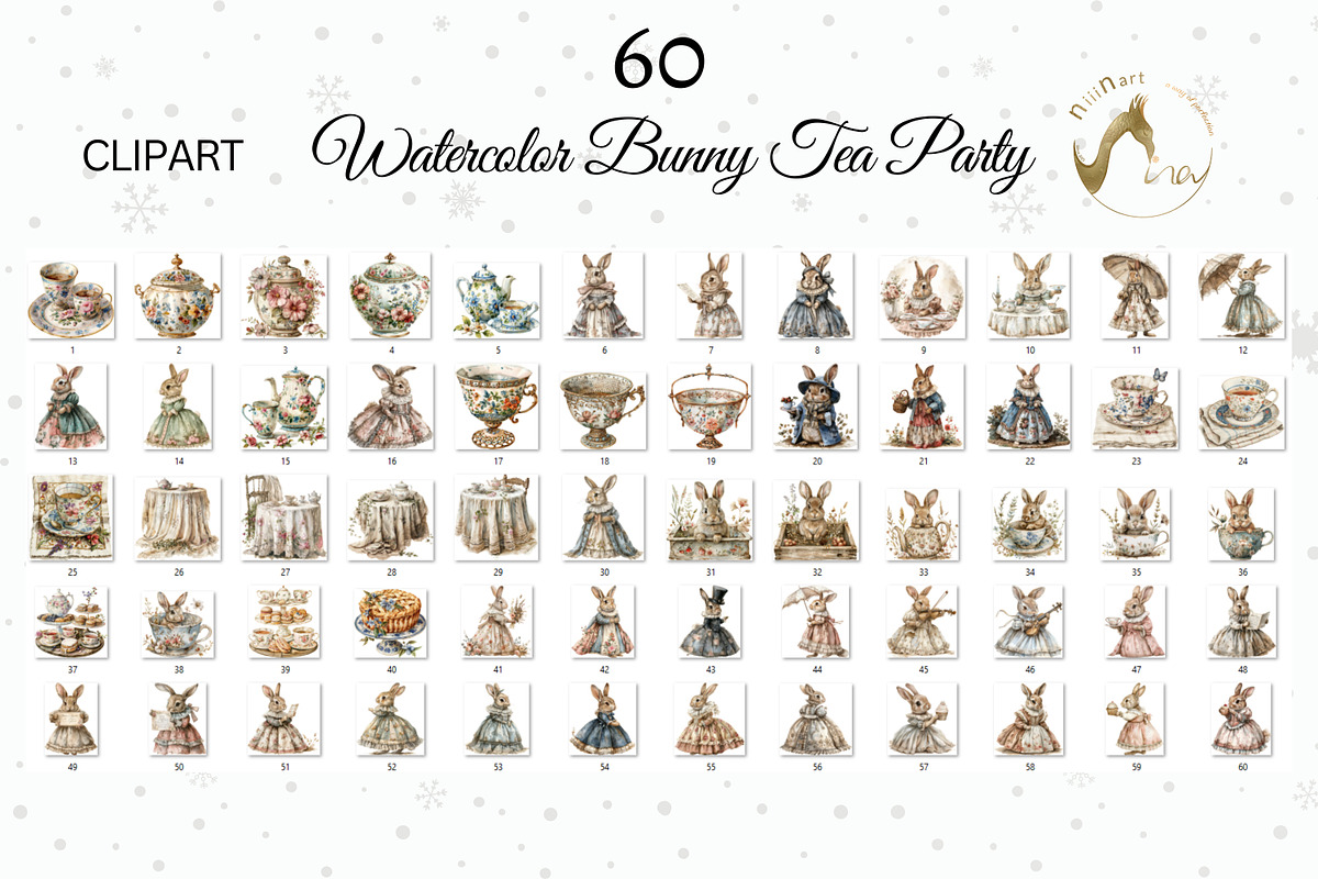 Watercolor Bunny Tea Party Clipart, an Illustration by NiiiNArt (Photo 2 of 10)