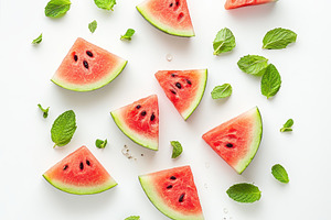 Watermelon slices and mint leaves su, a Food & Drink Photo by Pixeness Studio