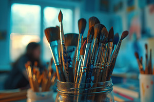 Used paintbrushes in a glass jar on blurred classroom background, an Arts & Entertainment Photo by AlyaAnd