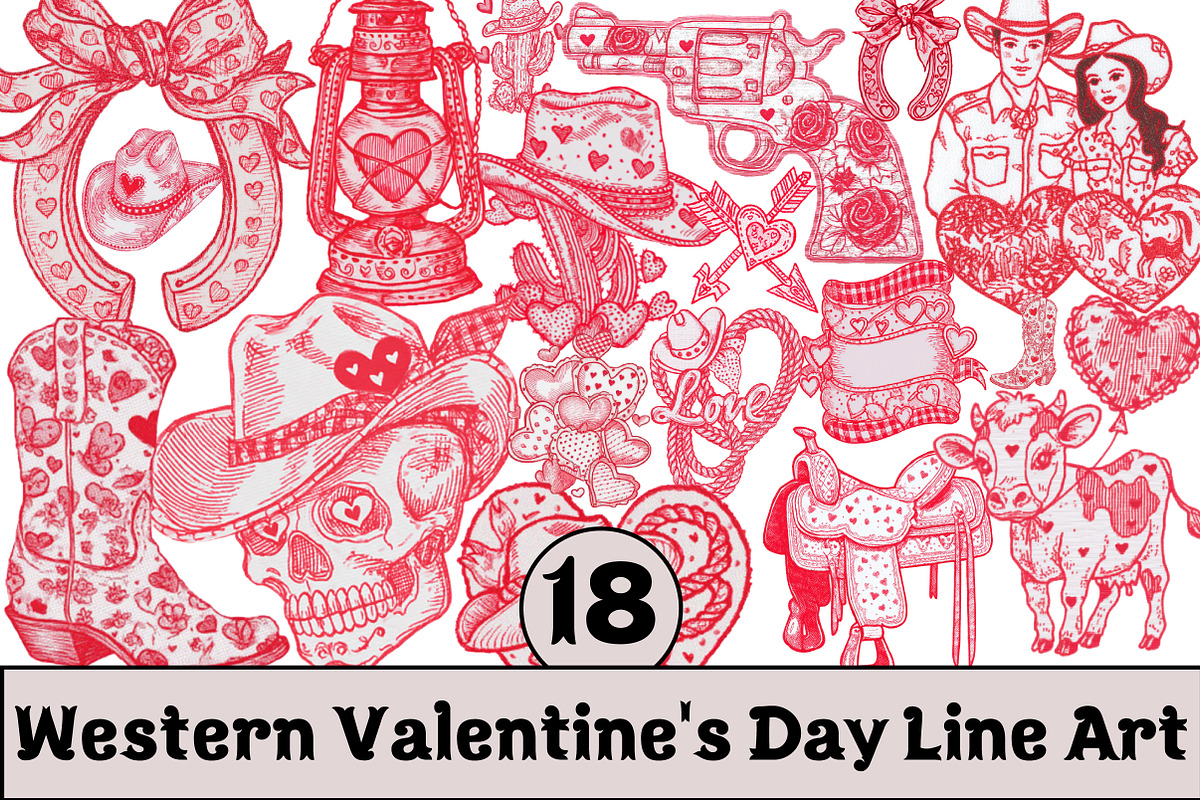 Western Valentine's Day Line Art, an Illustration by Design Market (Photo 1 of 3)