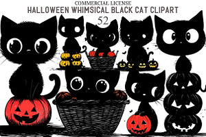 Whimsical Halloween Black Cat Clipar, an Animal Illustration by designcity5