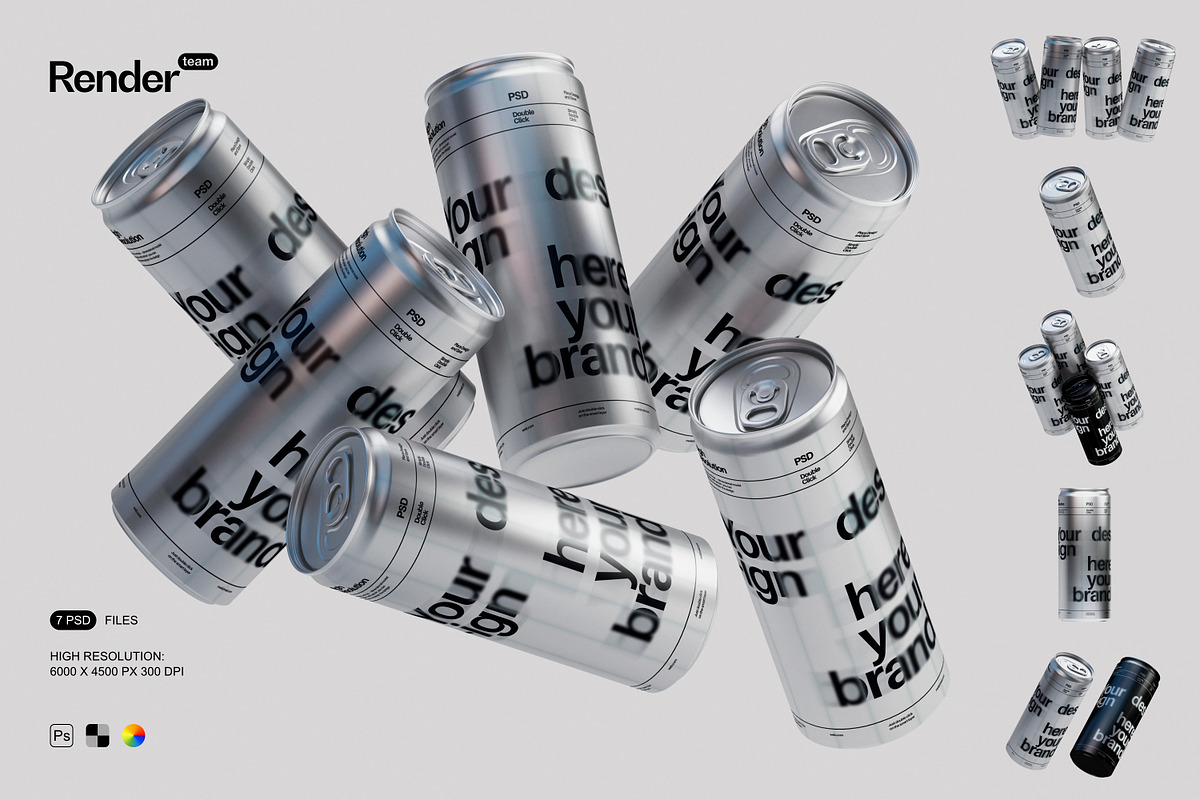 Metallic Soda Can Mockup Set, a Packaging Mockup by Renderteam (Photo 1 of 15)