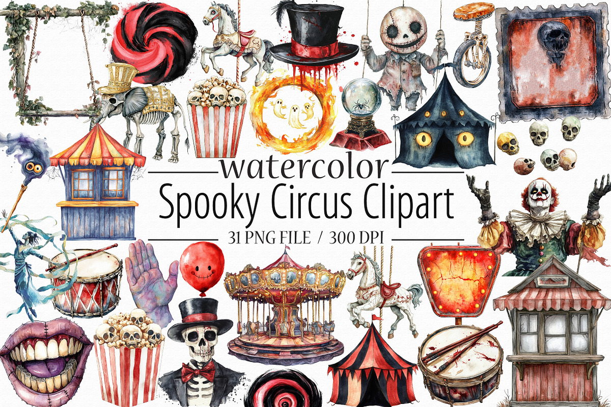 Watercolor Spooky Circus Clipart, an Illustration by Libby Wishes (Photo 1 of 6)