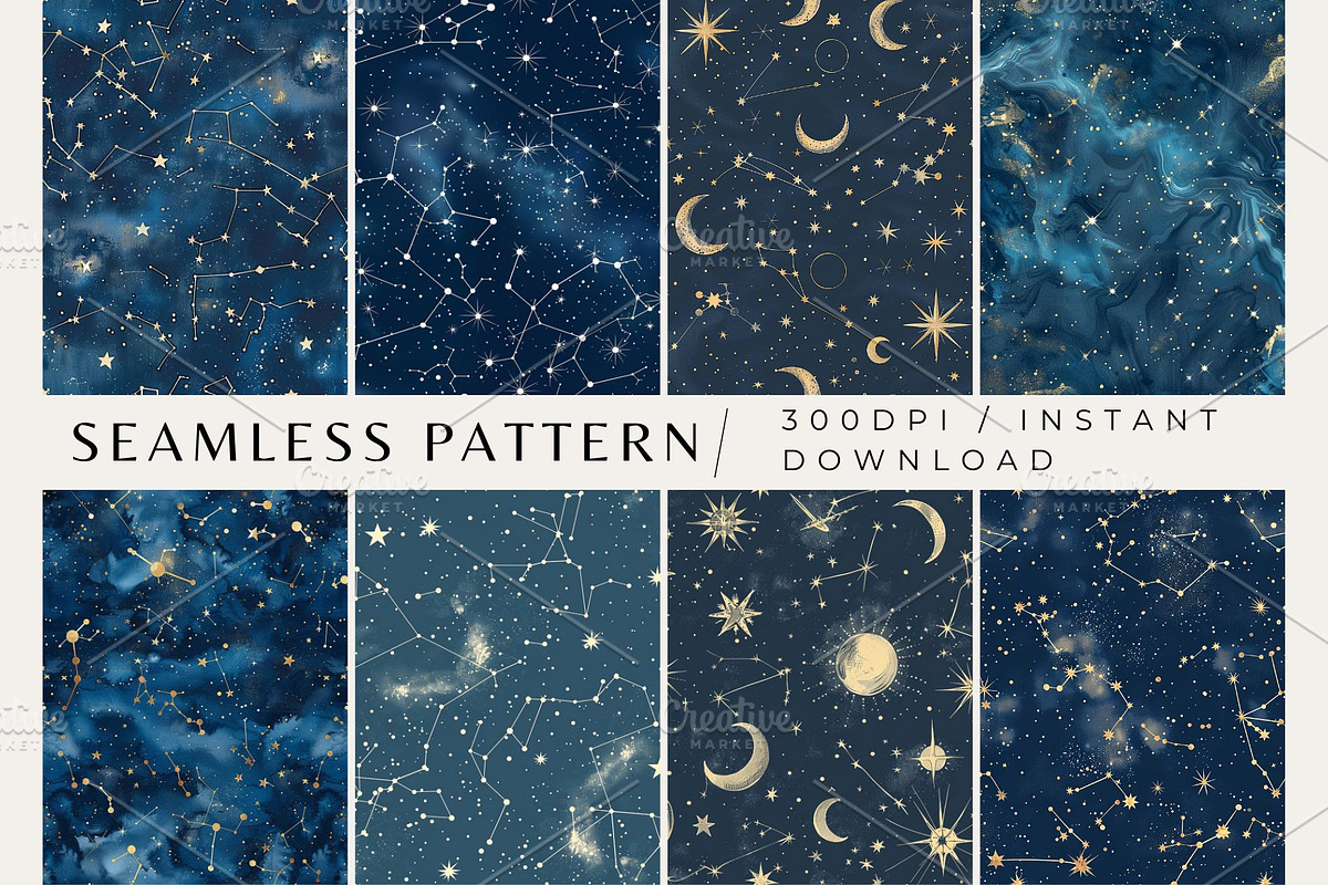 8 Celestial Seamless Patterns, a Pattern Graphic by Inknfolly (Photo 1 of 3)