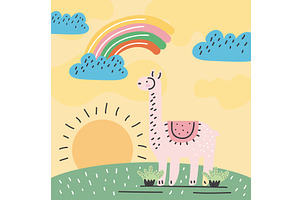 alpaca in landscape doodle, an Animal Illustration by studiogstock