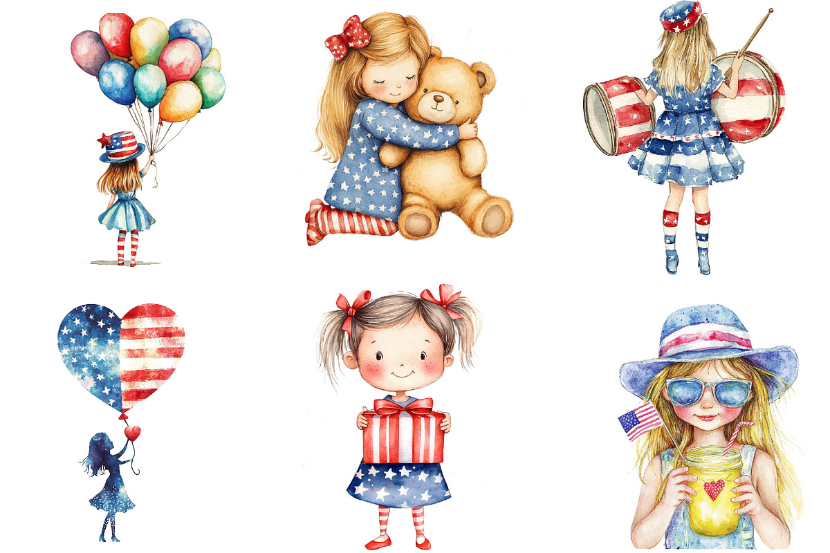 Watercolor 4th of July Girl Clipart, a Seasonal Illustration by Designking (Photo 3 of 5)