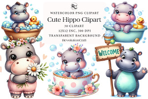 Watercolor Cute Hippo Clipart, an Illustration by OK Design