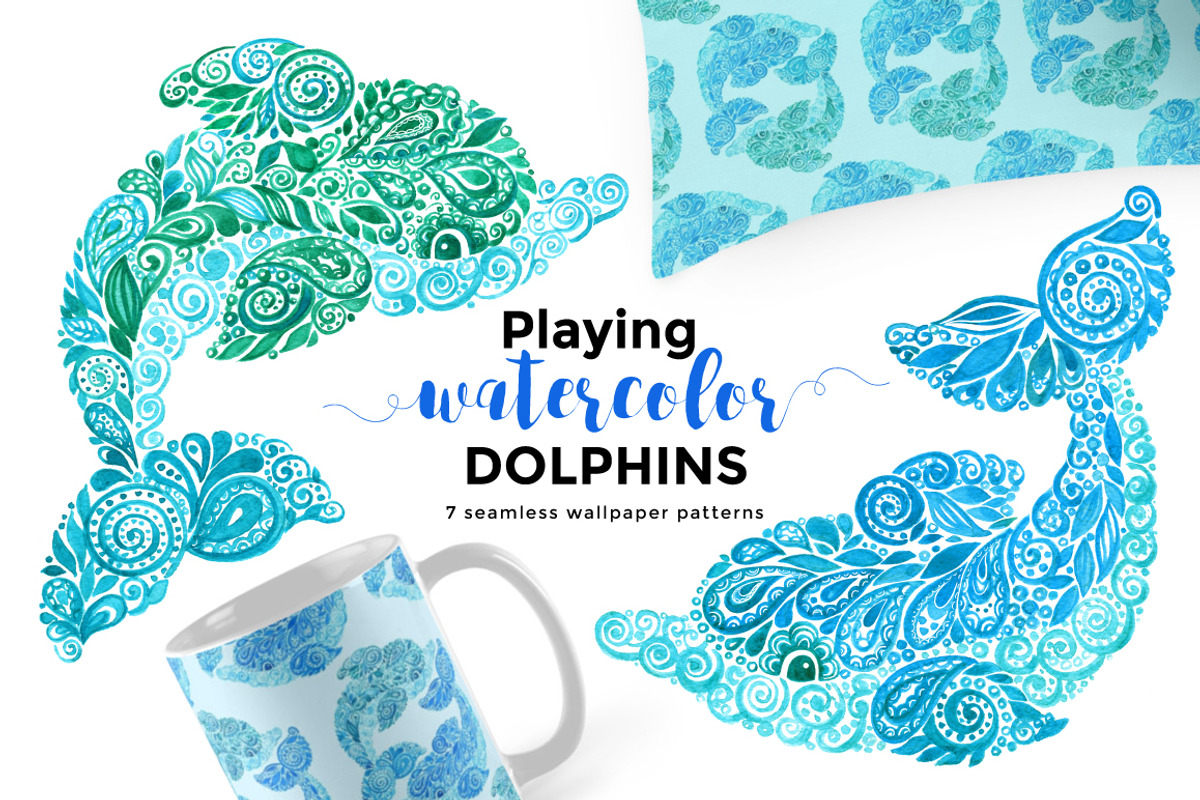 Playing Watercolor DOLPHINS, a Pattern Graphic by ekaart (Photo 1 of 6)