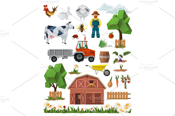 Farm Pets Low Poly Vector Icon Set