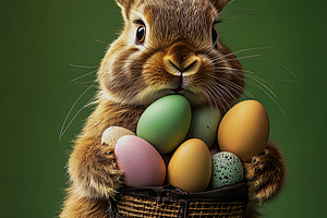 bunny holds a bag with easter eggs, generative AI, a Photo by Nito
