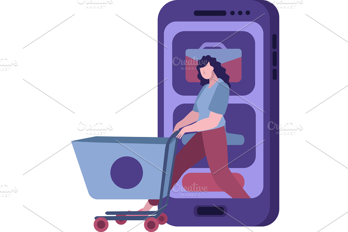 Online shopping icon woman pushing, a Food Illustration by vectorpointstudio