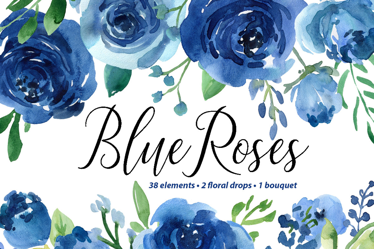 Blue Watercolor Roses Flowers Leaves, an Illustration by GraphicsDish (Photo 1 of 3)