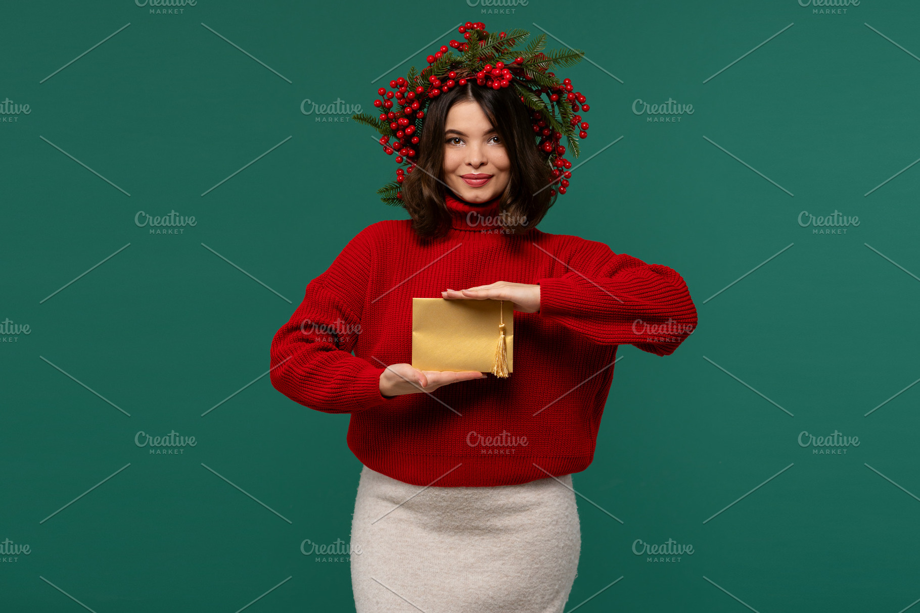 Woman in red sweater presenting, a Person Photo by Elena Vagengeim