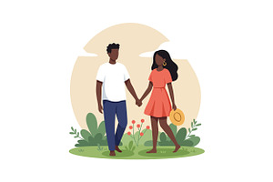 Couple walking hand in hand in a lus, an Illustration by designvectx