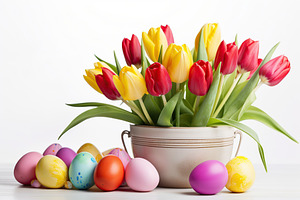 Colorful easter eggs with tulip flowers on white background, a Holiday Photo by AlyaAnd