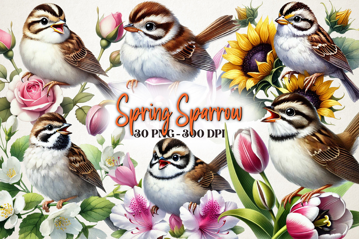 Spring Sparrow Bird Clipart, a Work Illustration by OK Design (Photo 1 of 4)
