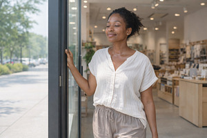 Woman entering store on hot summer d, a Photo by Dvoevnore photos