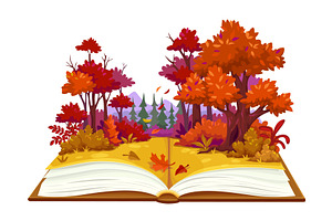 Opened book with autumn forest, an Illustration by Vector Tradition