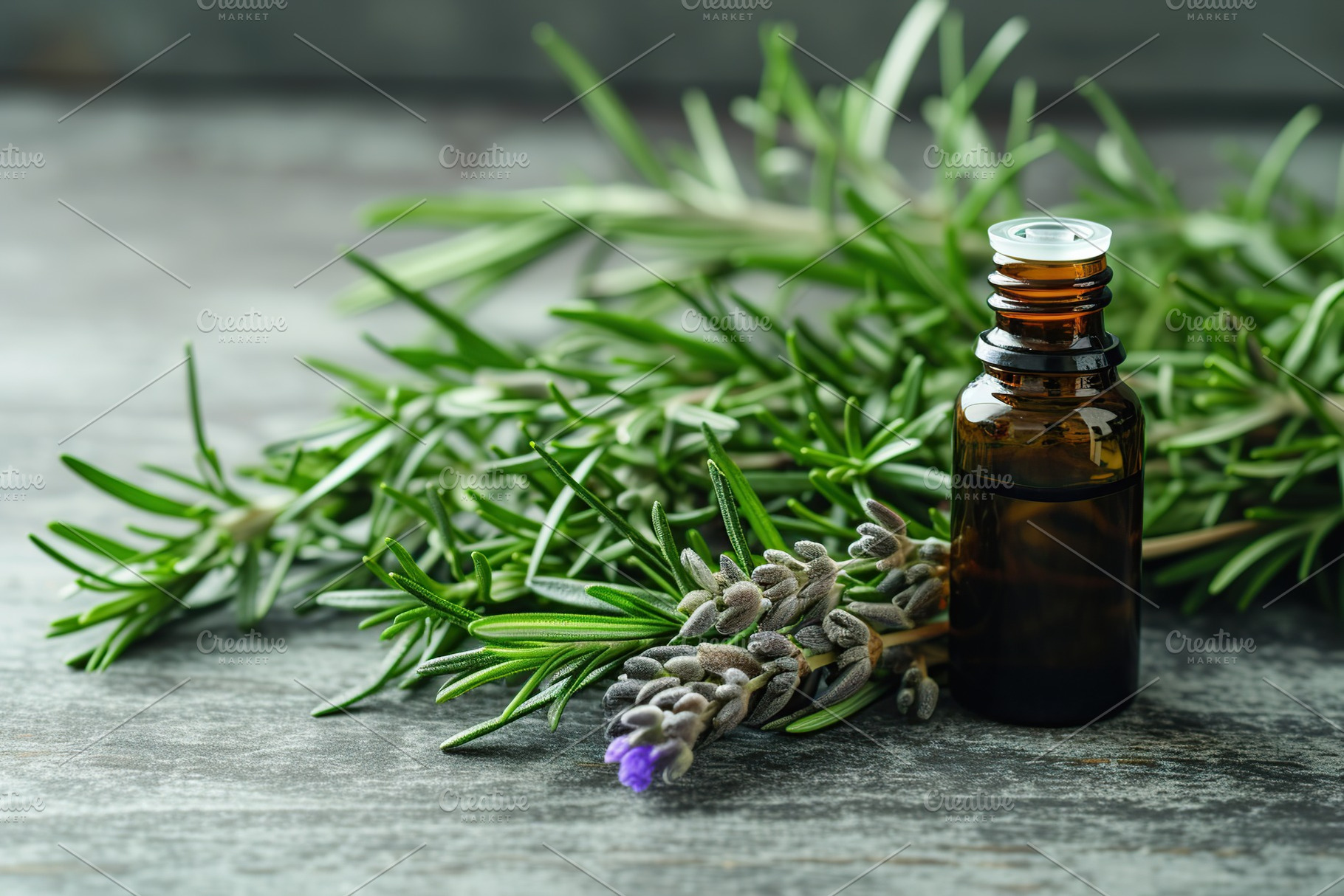 Rosemary essential oil and rosemary twigs on wooden background, a Food & Drink Photo by AlyaAnd