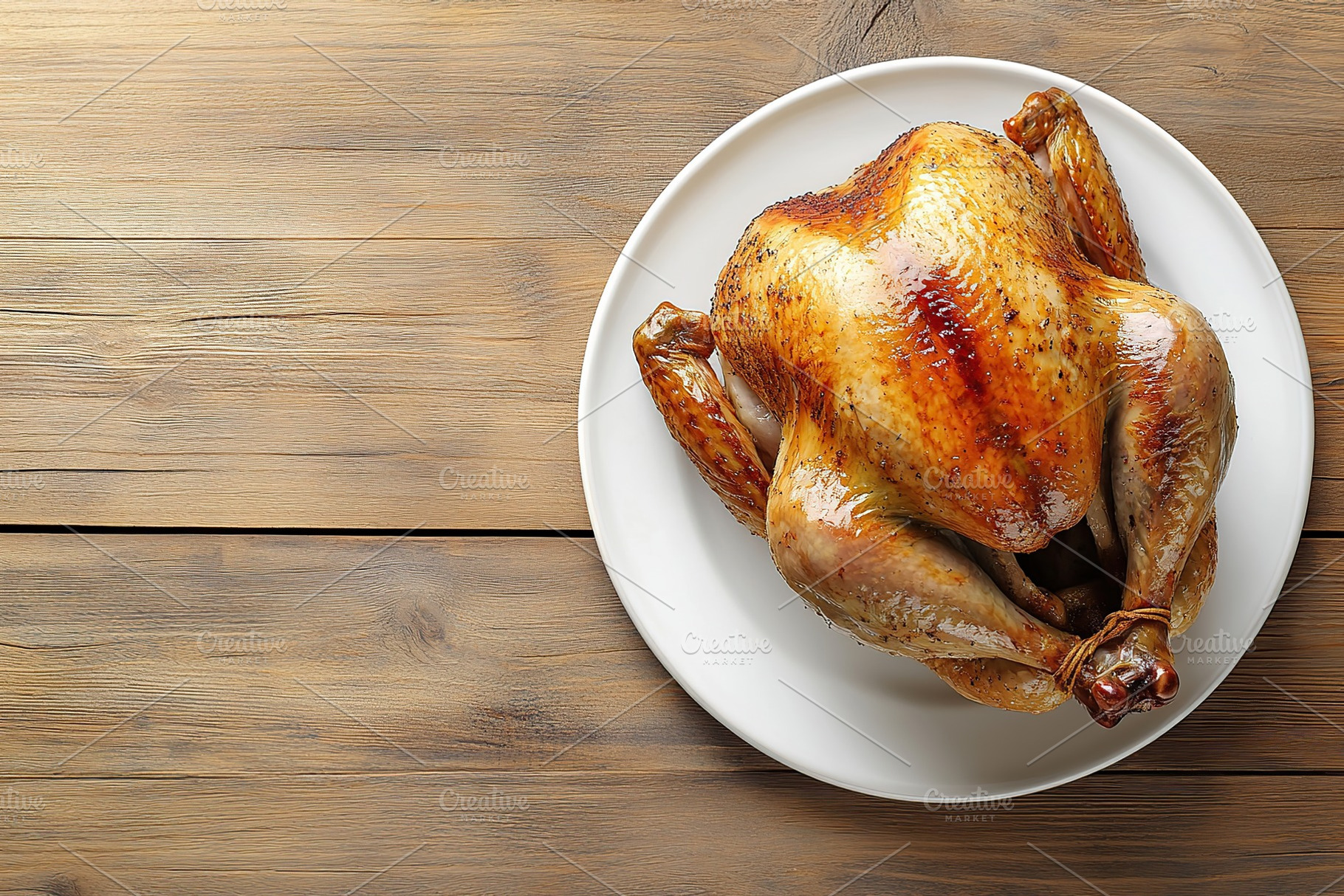 Tasty roasted turkey in plate on wooden background. Thanksgiving day, a Food & Drink Photo by AlyaAnd