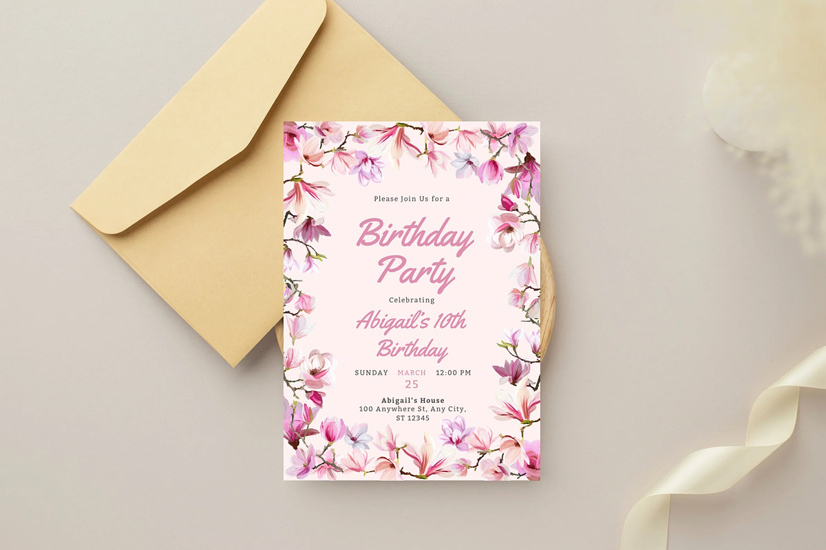 Pink Floral Birthday Invitation, a Graphic by SweetDesigncraft