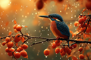 Colorful kingfisher perched on a bra, a Photo by Tanuart