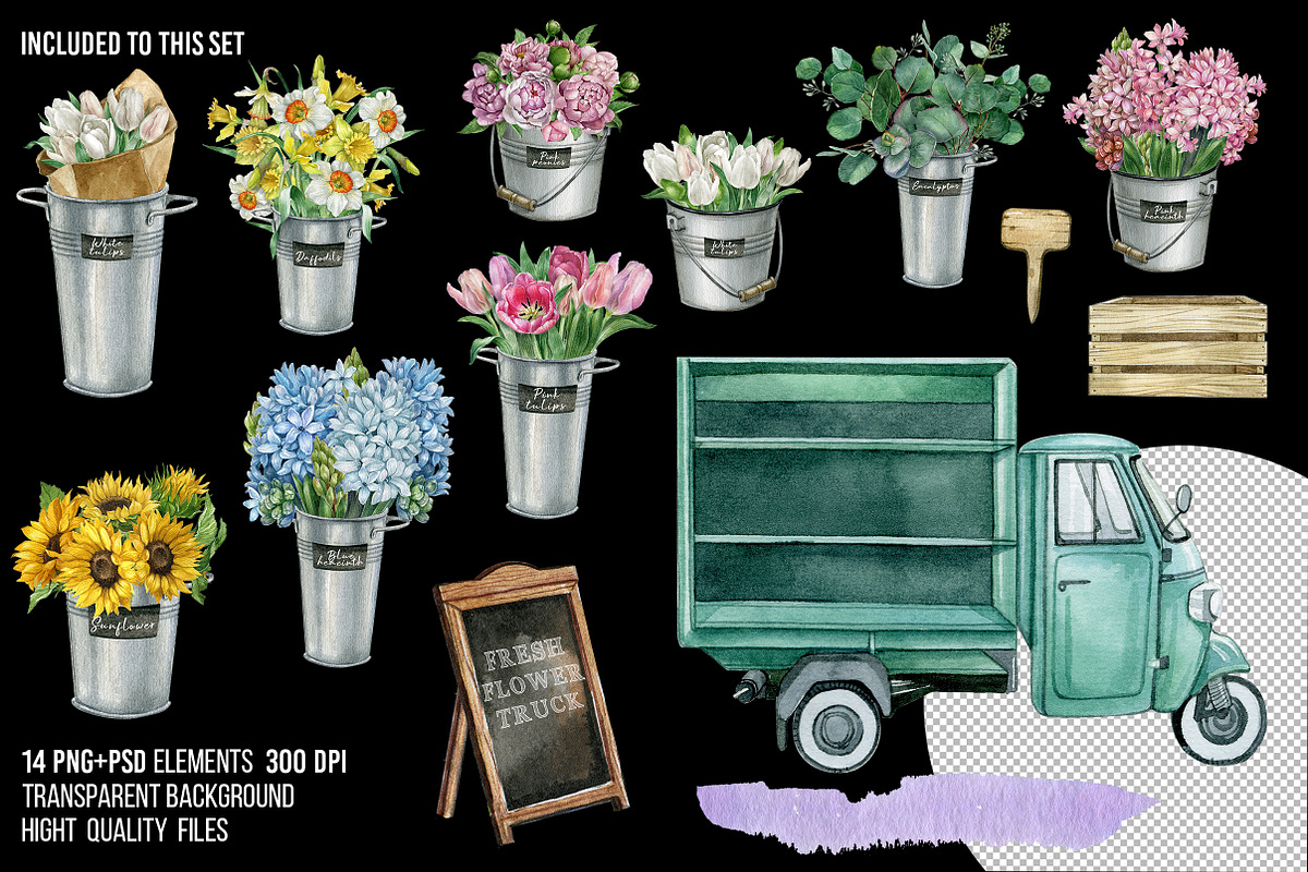 Watercolor flower market car clipart, an Object Illustration by yana.fefelova (Photo 3 of 6)