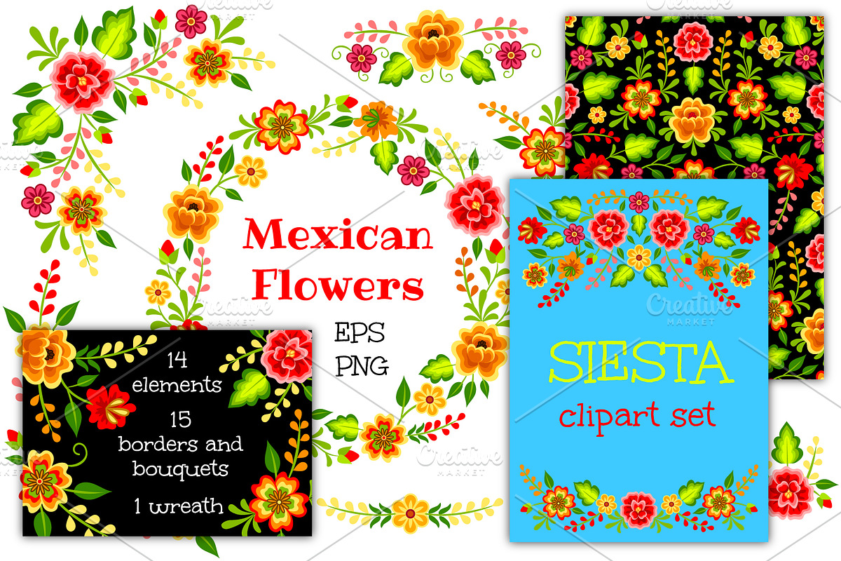 Mexican Flowers (EPS, PNG, JPG), an Illustration by Sveta Aho (Photo 1 of 3)