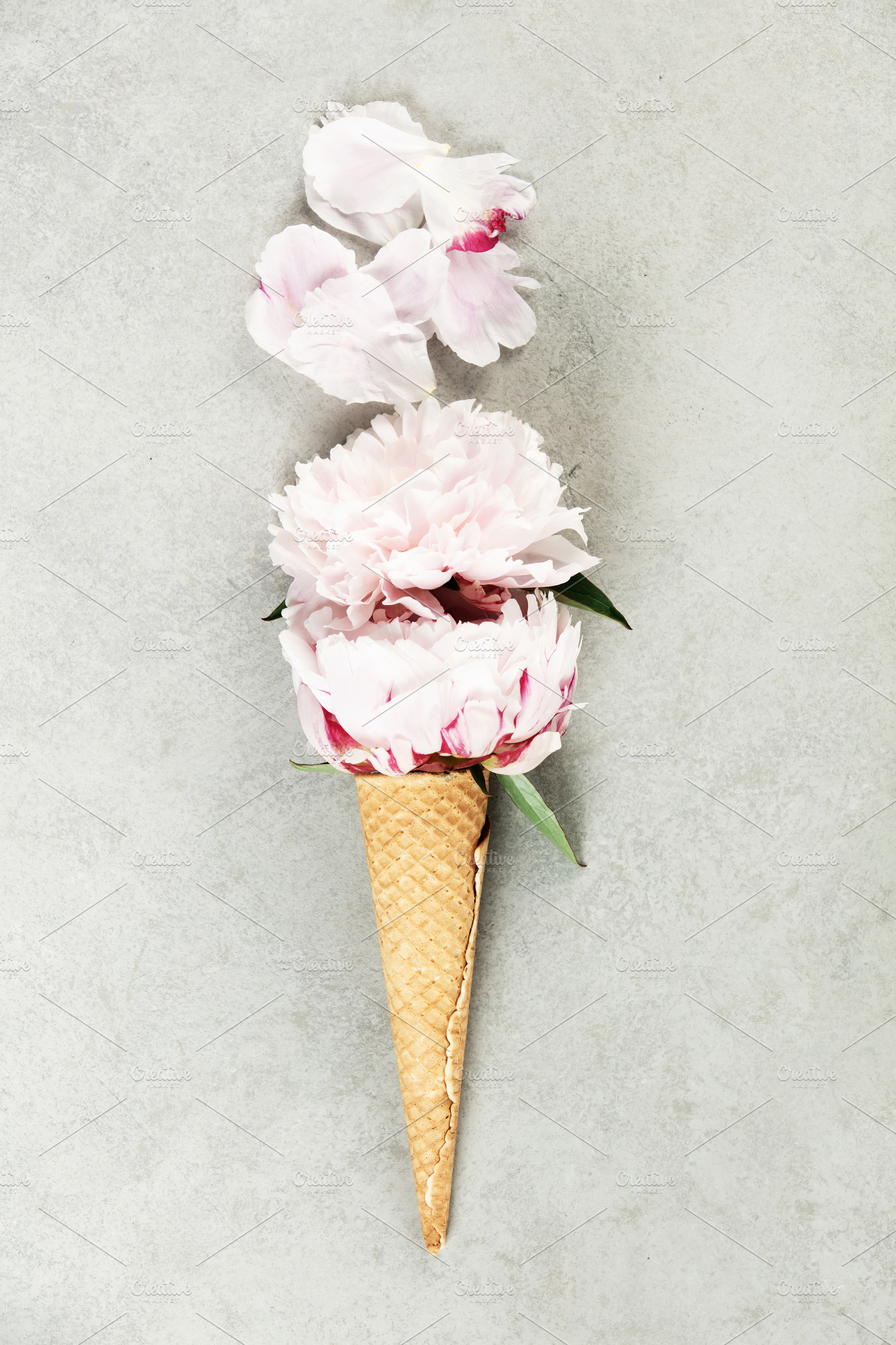 Creative Floral Arrangement in Ice Cream Cone on Gray, a Beauty & Fashion Photo by Natalia Klenova's Shop