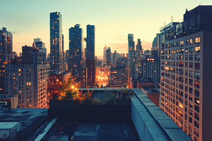 Rooftop view of NYC at sunset Skyscr, a Photo by Pixeness Studio