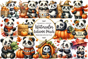 Watercolor Autumn Panda Clipart, an Illustration by OK Design