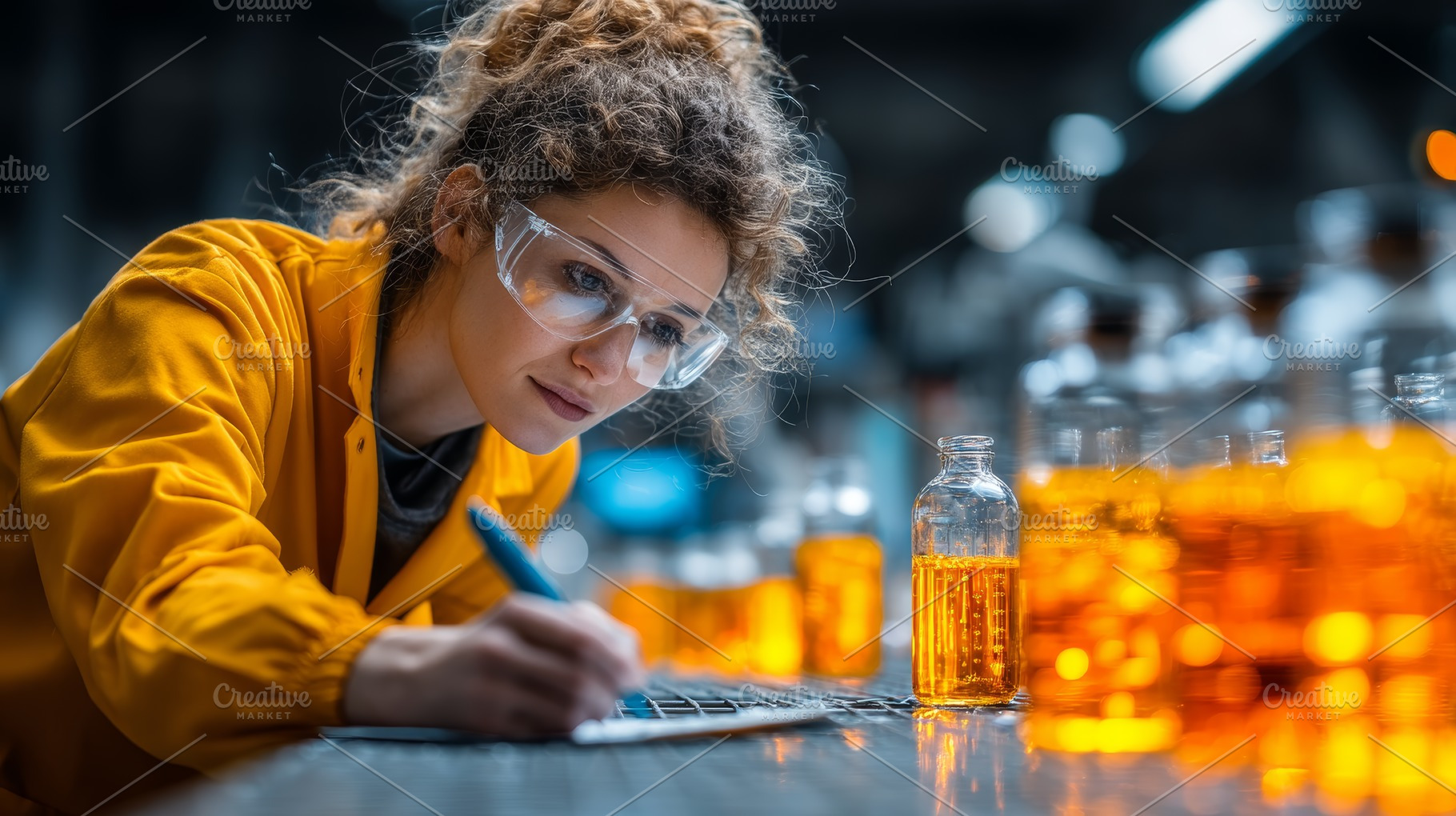Scientist in laboratory analyzing liquids in glass bottles with focus on accura, an Industrial Photo by AS photostudio