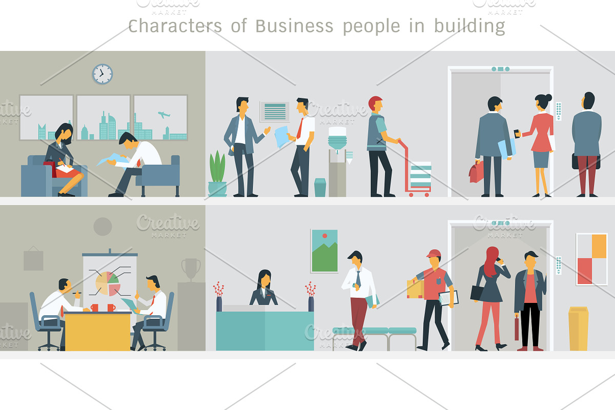 Business people in office building, a Person Illustration by Smiley Creative