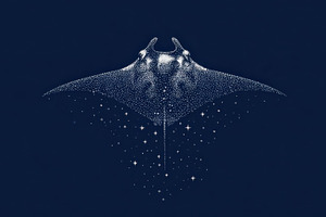 Manta ray swims through dark water, a Photo by Beautiful things