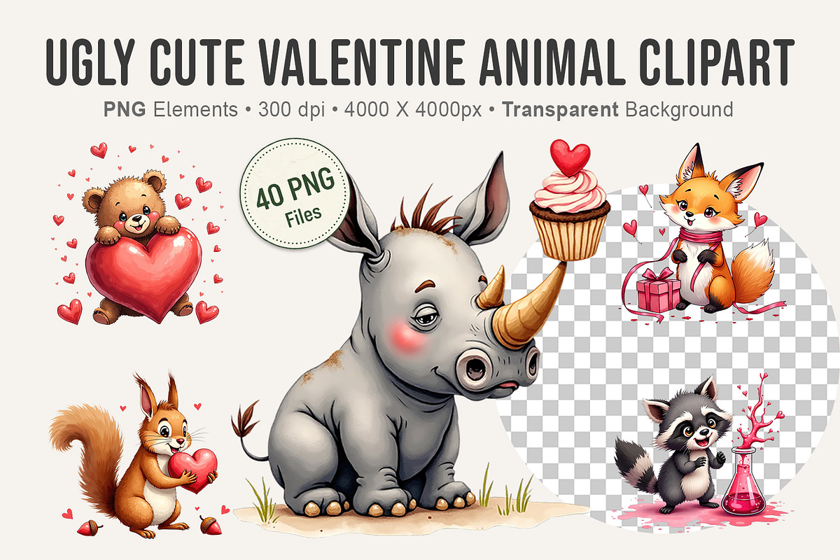 Ugly Cute Valentine Animal Clipart, an Animal Illustration by Artnoy (Photo 1 of 8)