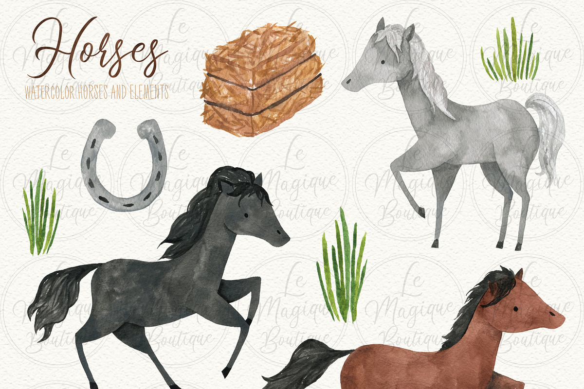 Horses Watercolor Clipart Set, an Animal Illustration by LeMagiqueBoutique (Photo 2 of 4)