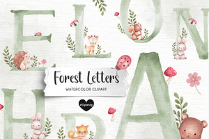 Woodland Watercolor Alphabet Clipart