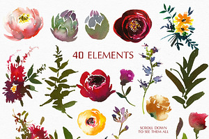 Bordo Watercolor Floral Clip Art Set