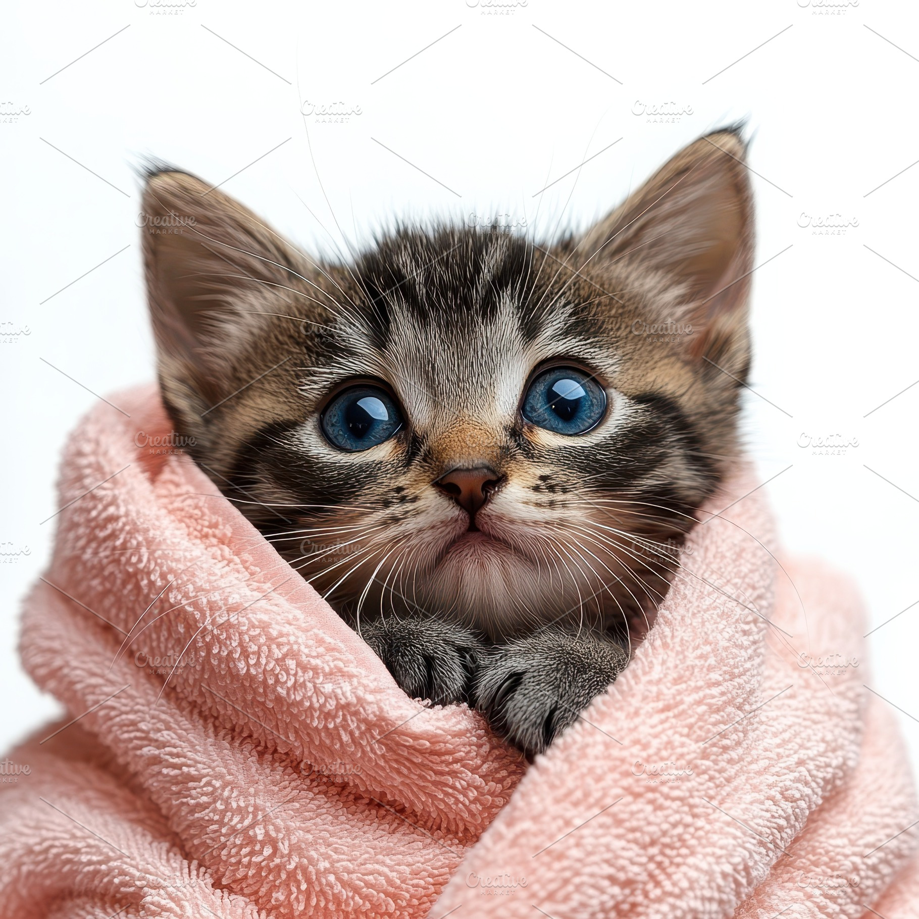 Cute Kitten Wrapped in Pink Towel Ad, an Abstract Photo by Pixeness Studio