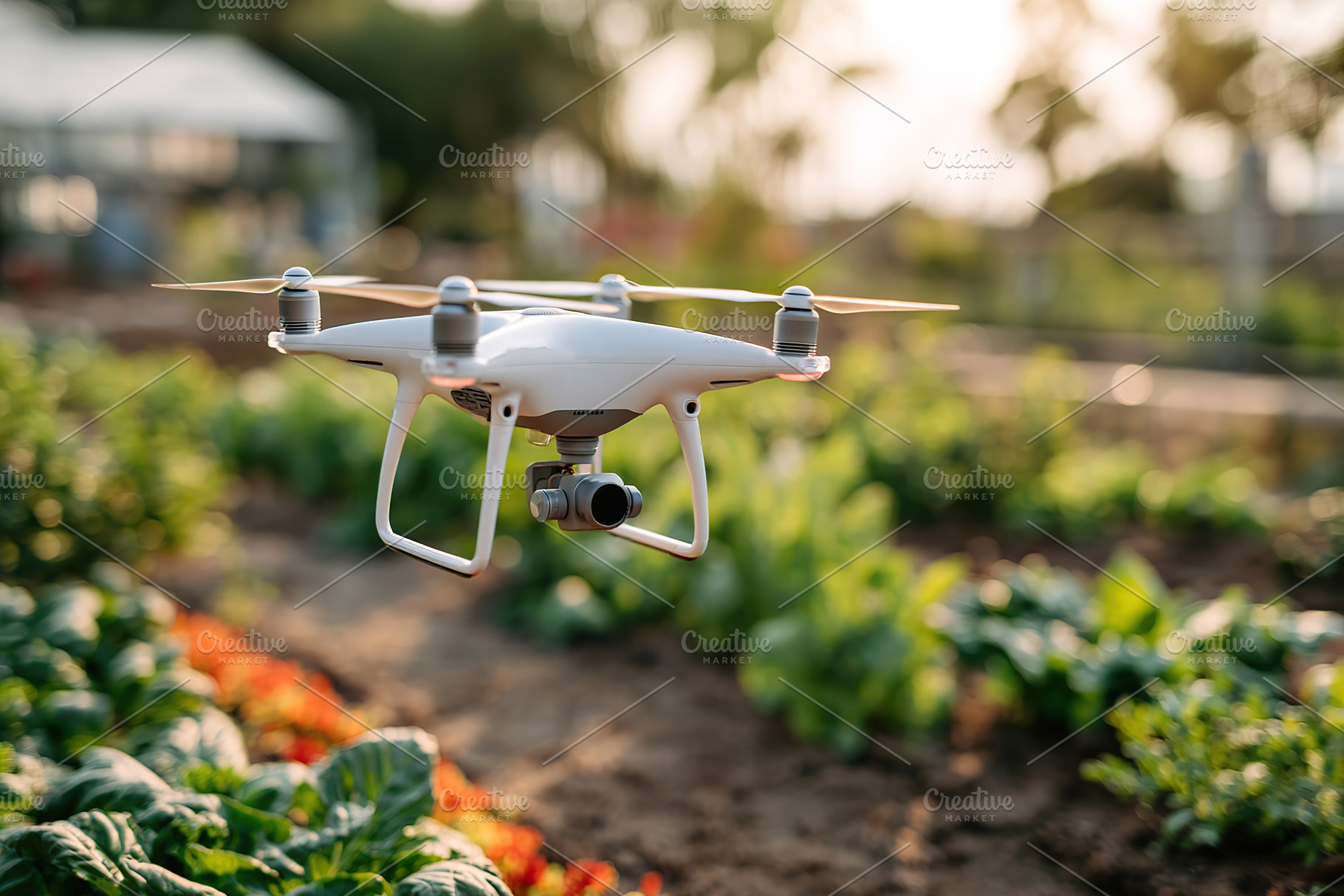 Drone hovers over vegetable beds capturing aerial views of our garden, a Photo by AlyaAnd