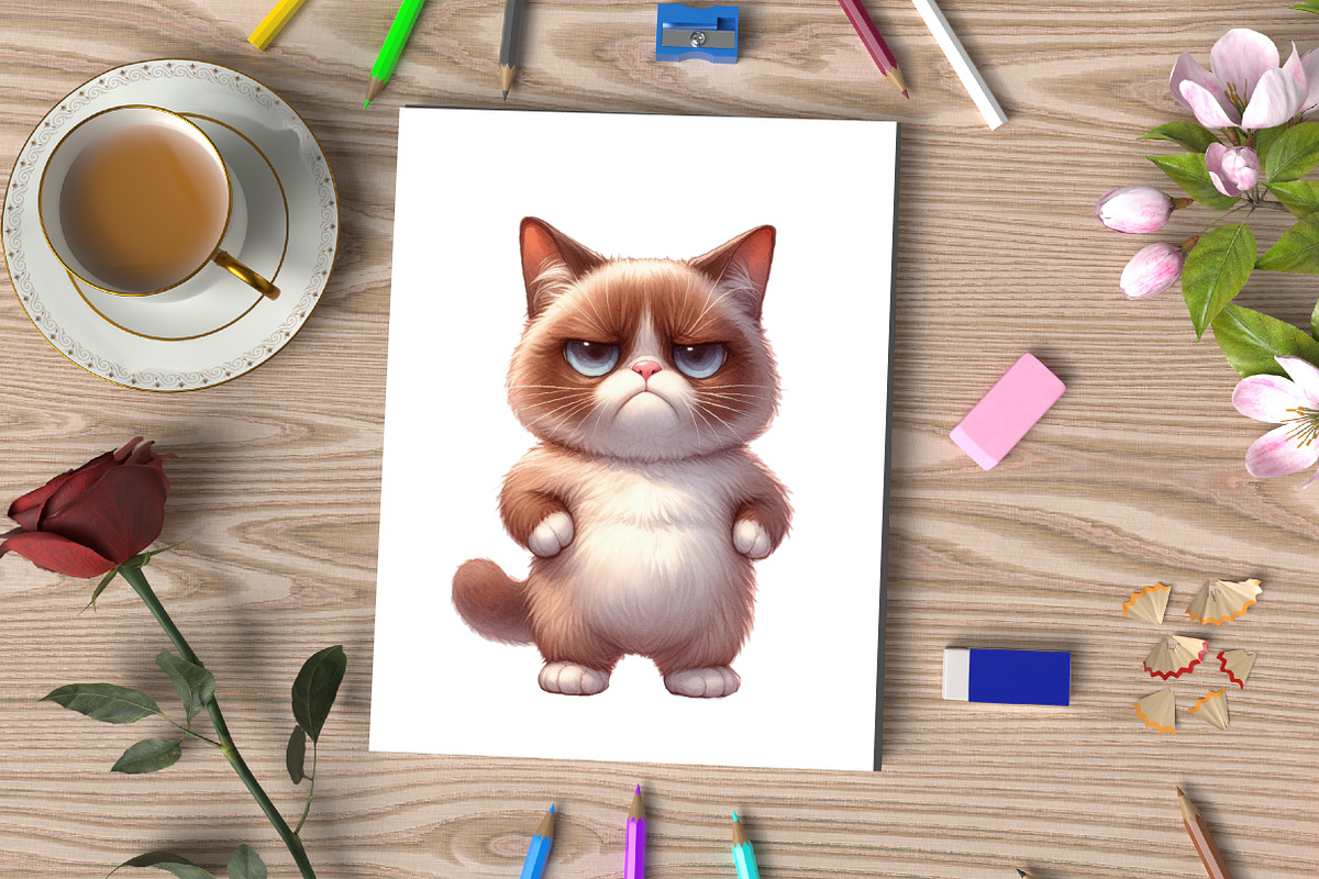Watercolor Funny Grumpy Cat Clipart, an Illustration by CraftArtStudio (Photo 3 of 5)