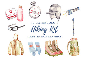 Watercolor Hiking Kit Clipart, an Object Illustration by KAZ by IanMikraz Studio