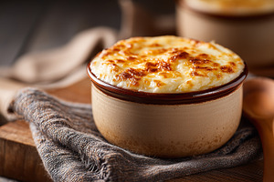 Baked dish with golden melted cheese, a Food & Drink Photo by MistyDay