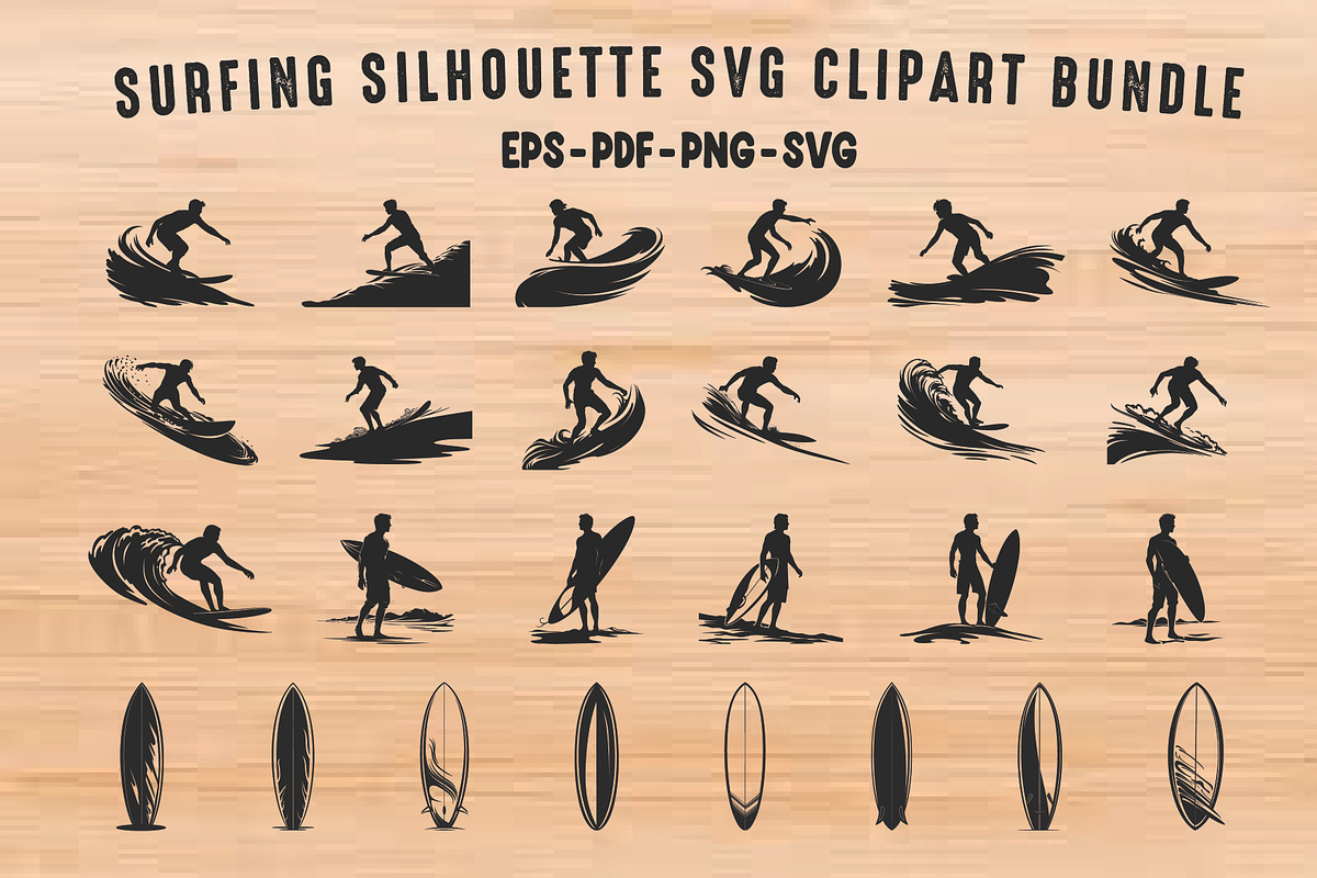 Surfing With Surfboards SVG Bundle, a Person Illustration by Gfx Expert Team (Photo 1 of 3)