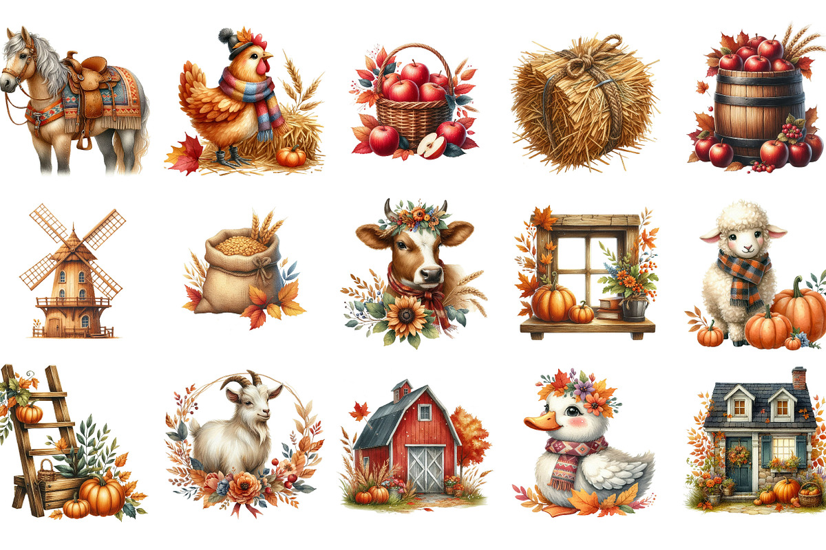 Watercolor Autumn Farm Clipart, an Illustration by Designking (Photo 2 of 5)