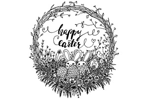 Vector Happy Easter Wreath Line Art