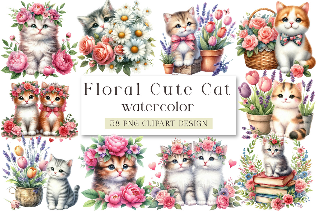 Floral Cute Cat Clipart Bundle, an Illustration by DreamArtGraphic (Photo 1 of 4)