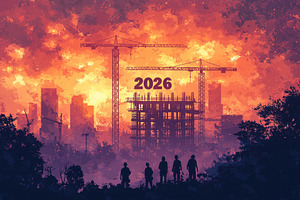 Silhouetted workers watching futuristic city construction with c, a Food & Drink Photo by José Manuel Gelpi