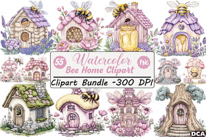 Watercolor Bee Home Clipart, an Illustration by DreamCafeArt