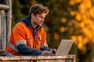 Worker using laptop outdoors in oran, a Photo by Pixeness Studio